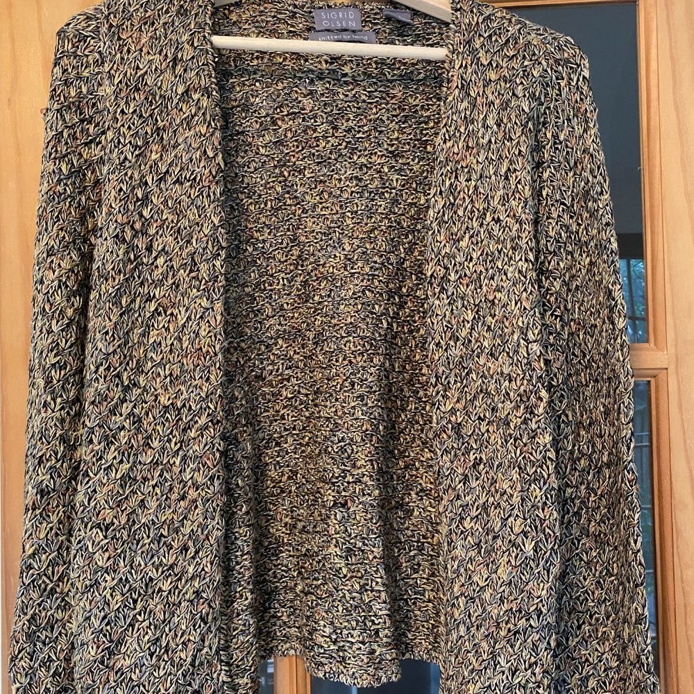 Sigrid Olsen Linen Silk Hand Knit Open Cardigan Size Medium Brown